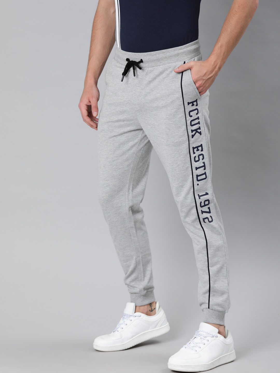 

French Connection Men Grey Melange Solid Slim Fit Joggers with Side Printed Detail