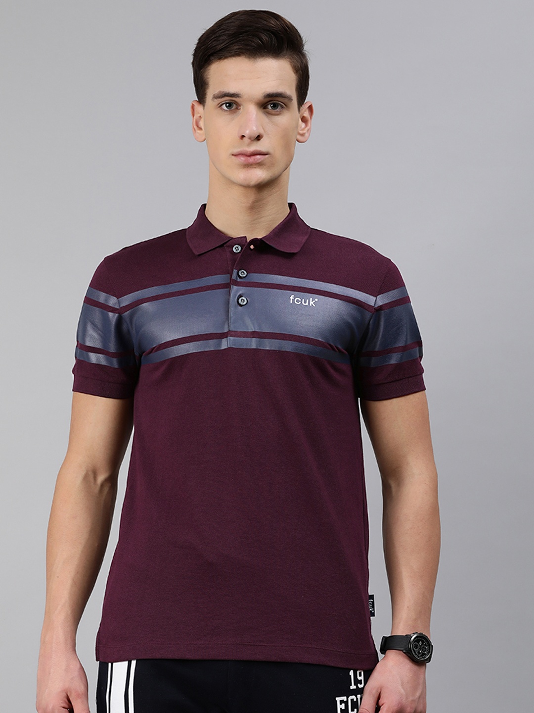 

French Connection Men Maroon Blue Striped Slim Fit Polo Collar Pure Cotton T-shirt