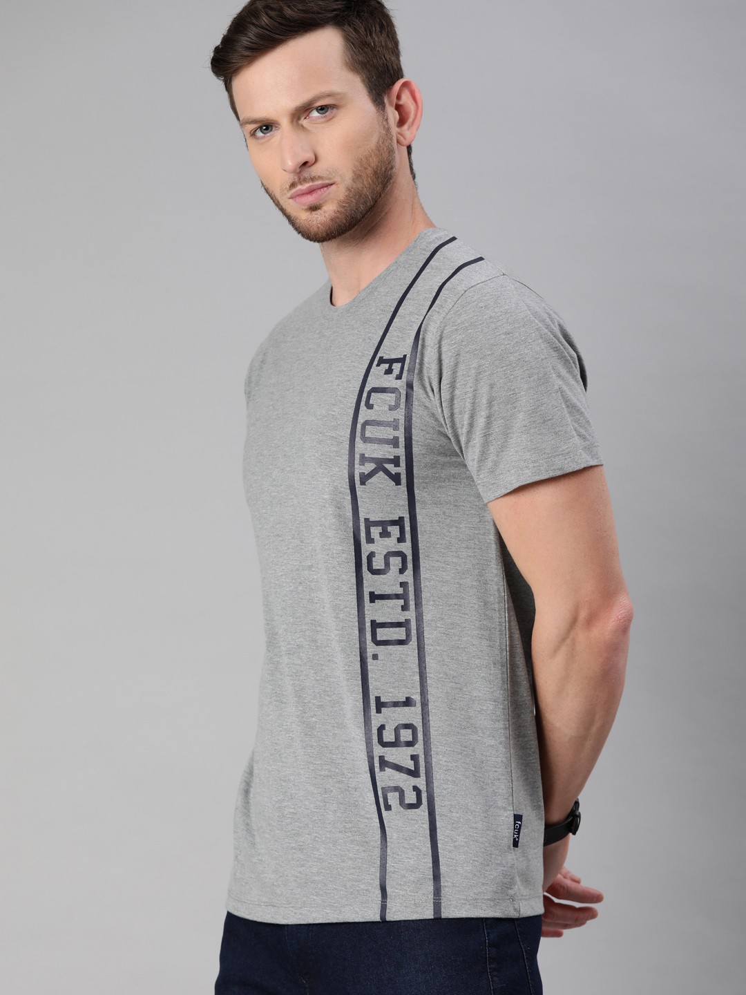 

French Connection Men Grey Melange Printed Round Neck T-shirt