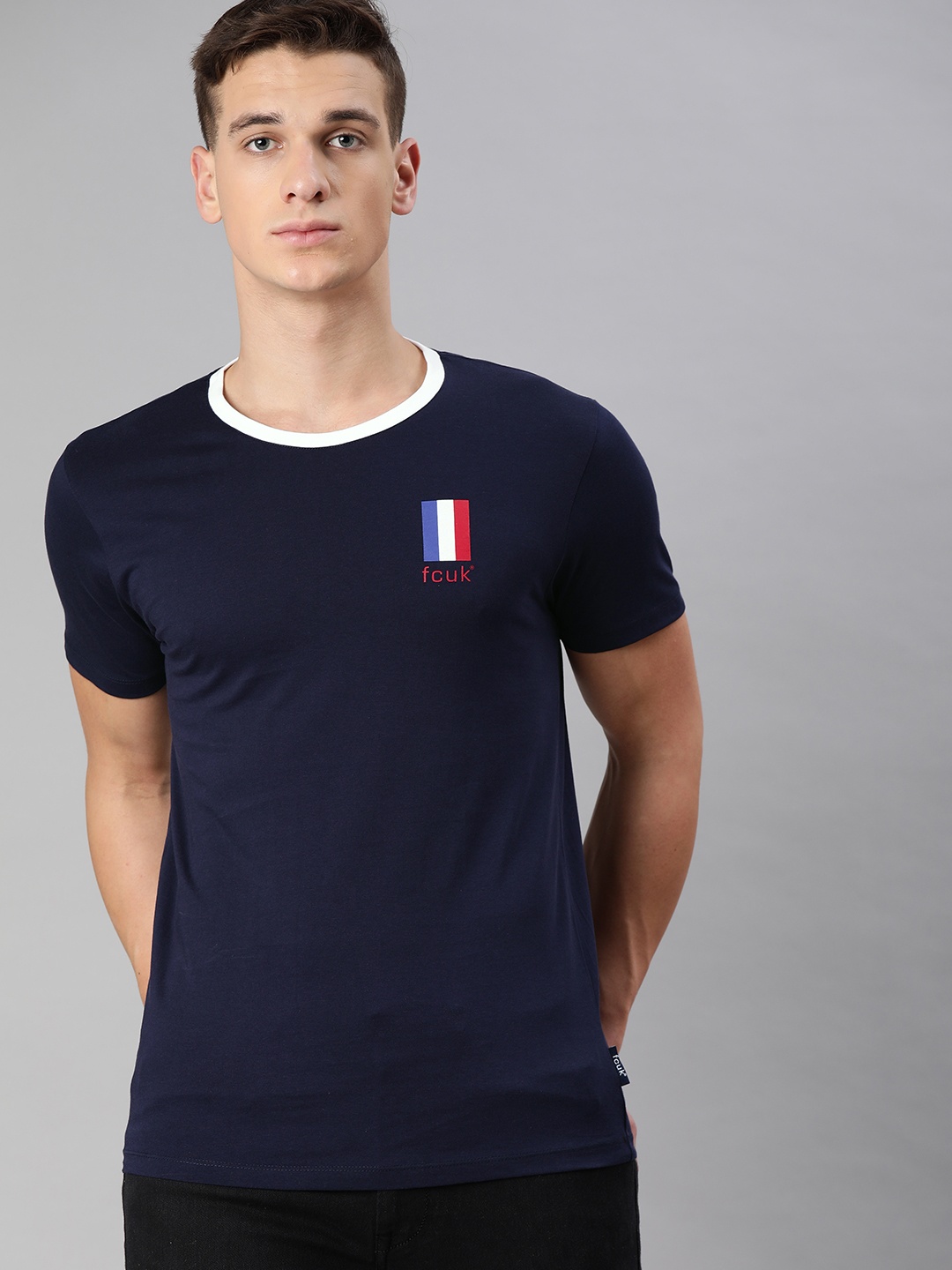 

French Connection Men Navy Blue Solid Round Neck T-shirt with Print
