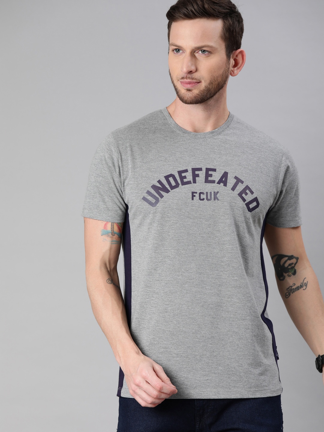 

French Connection Men Grey Melange Printed Round Neck T-shirt