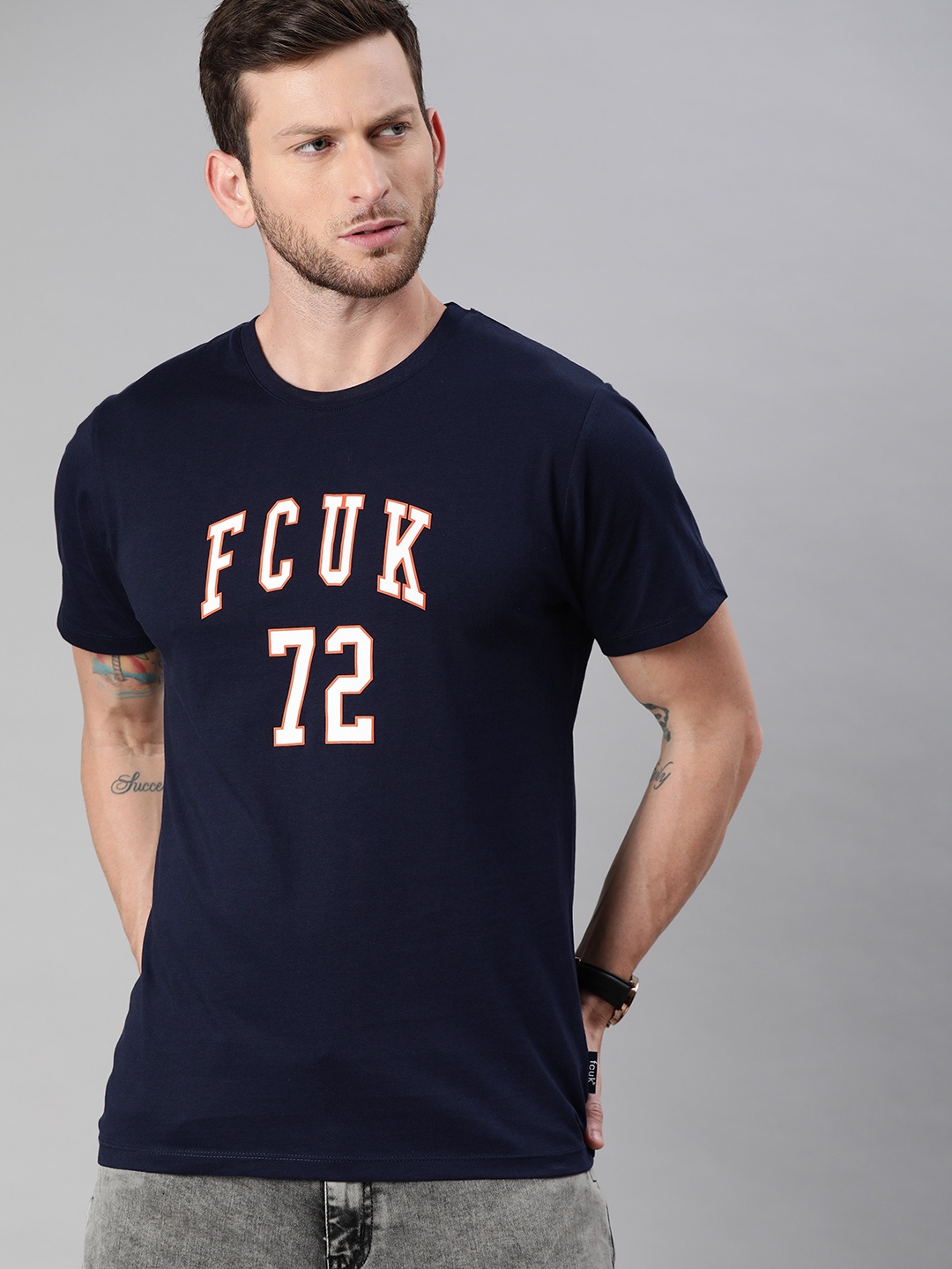 

French Connection Men Navy Blue Printed Round Neck Pure Cotton T-shirt