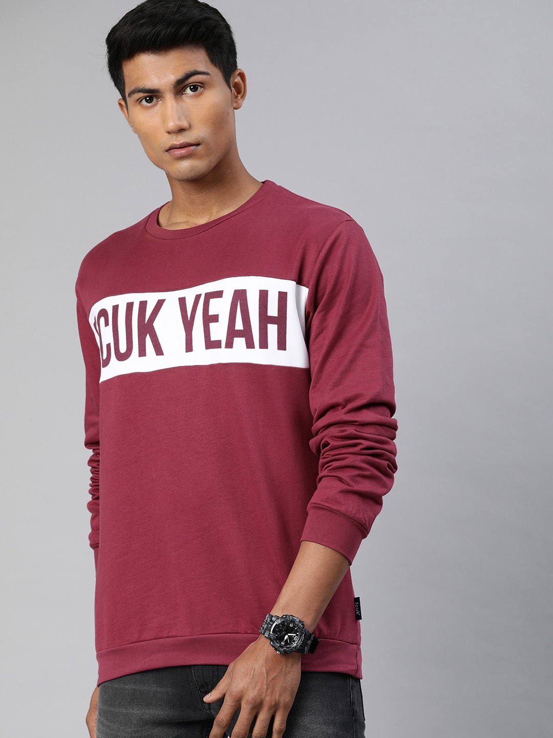 

French Connection Men Maroon Printed Sweatshirt