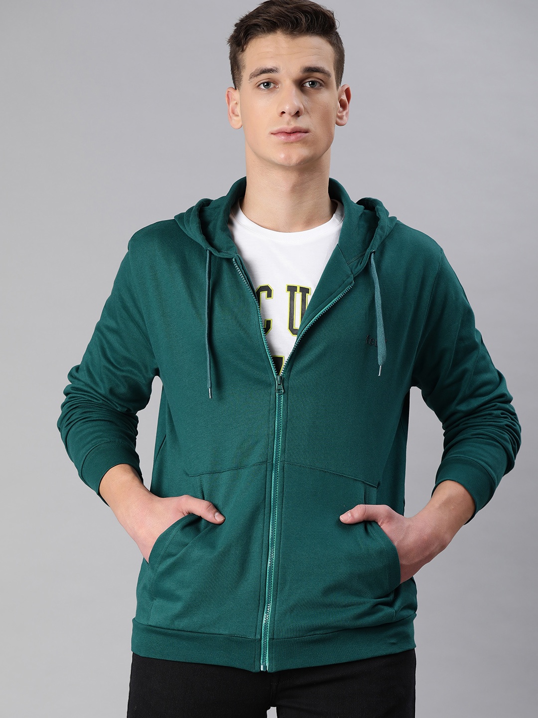 

French Connection Men Teal Green Solid Hooded Sweatshirt
