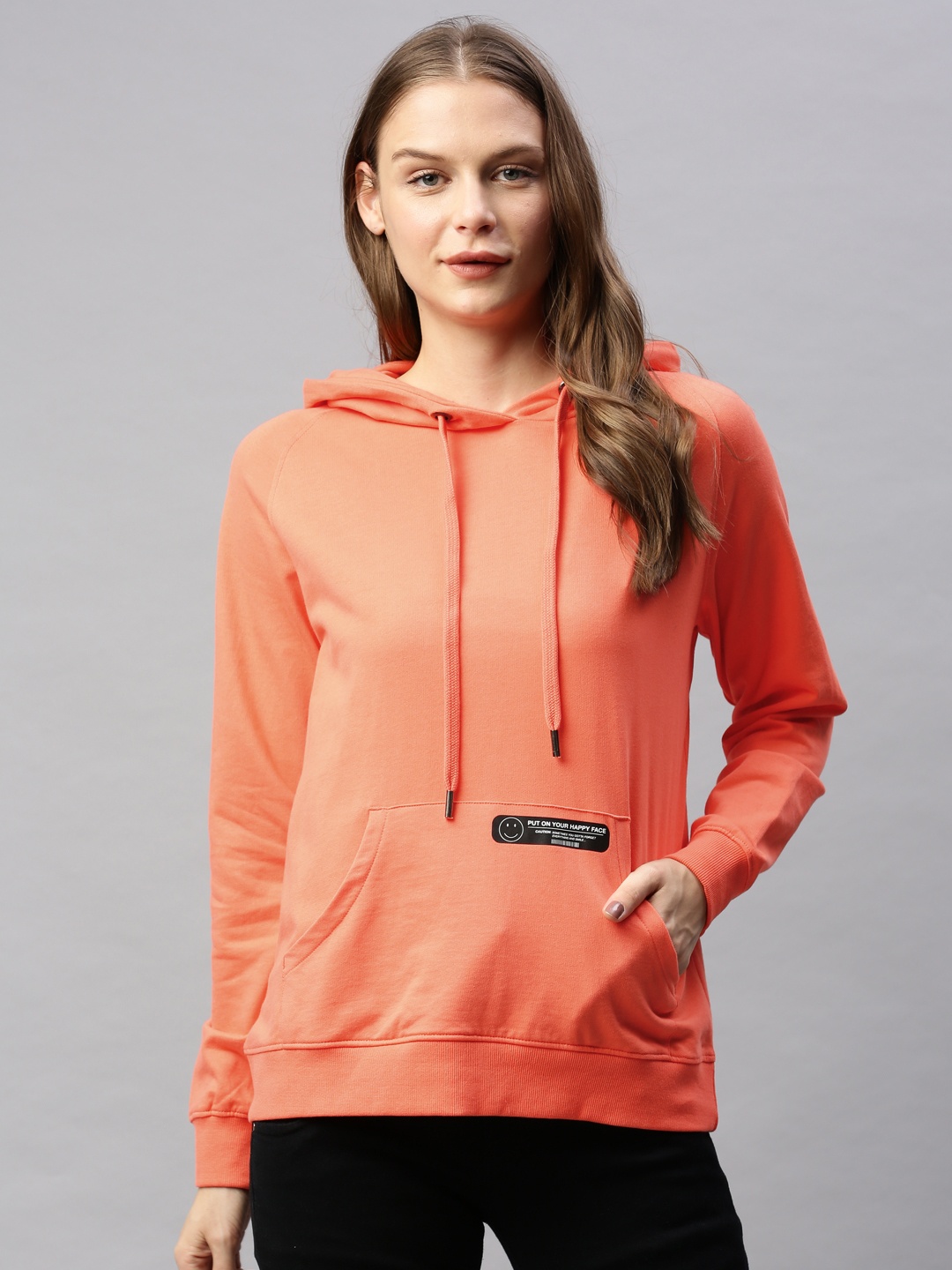 

Flying Machine Women Coral Orange Solid Hooded Pullover Sweatshirt
