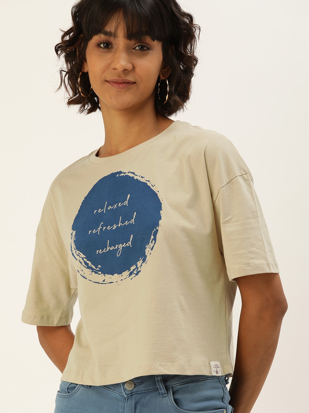 

Flying Machine Women Beige Printed Round Neck Pure Cotton T-shirt