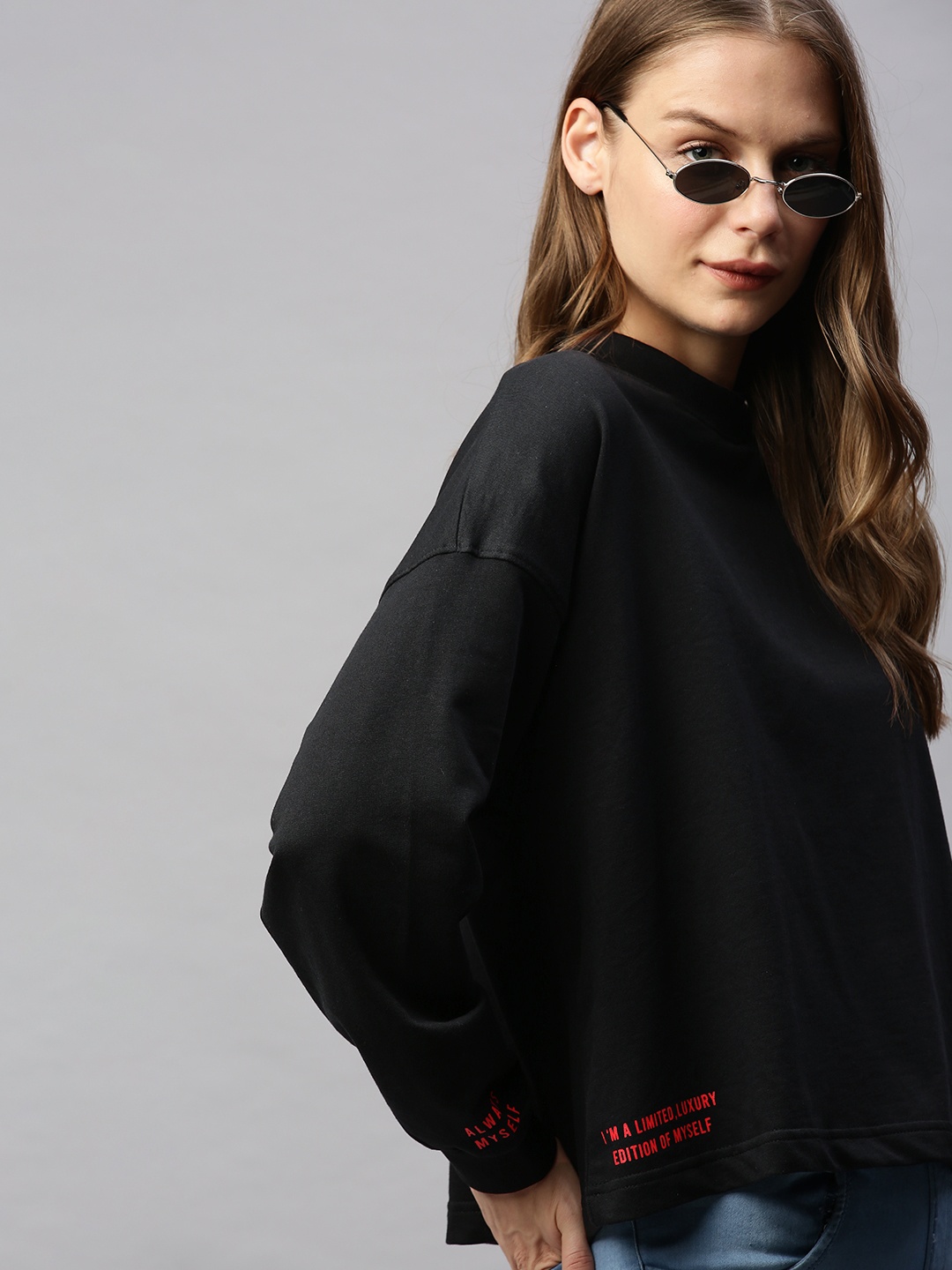 

Flying Machine Women Black Solid Boxy Pullover Sweatshirt