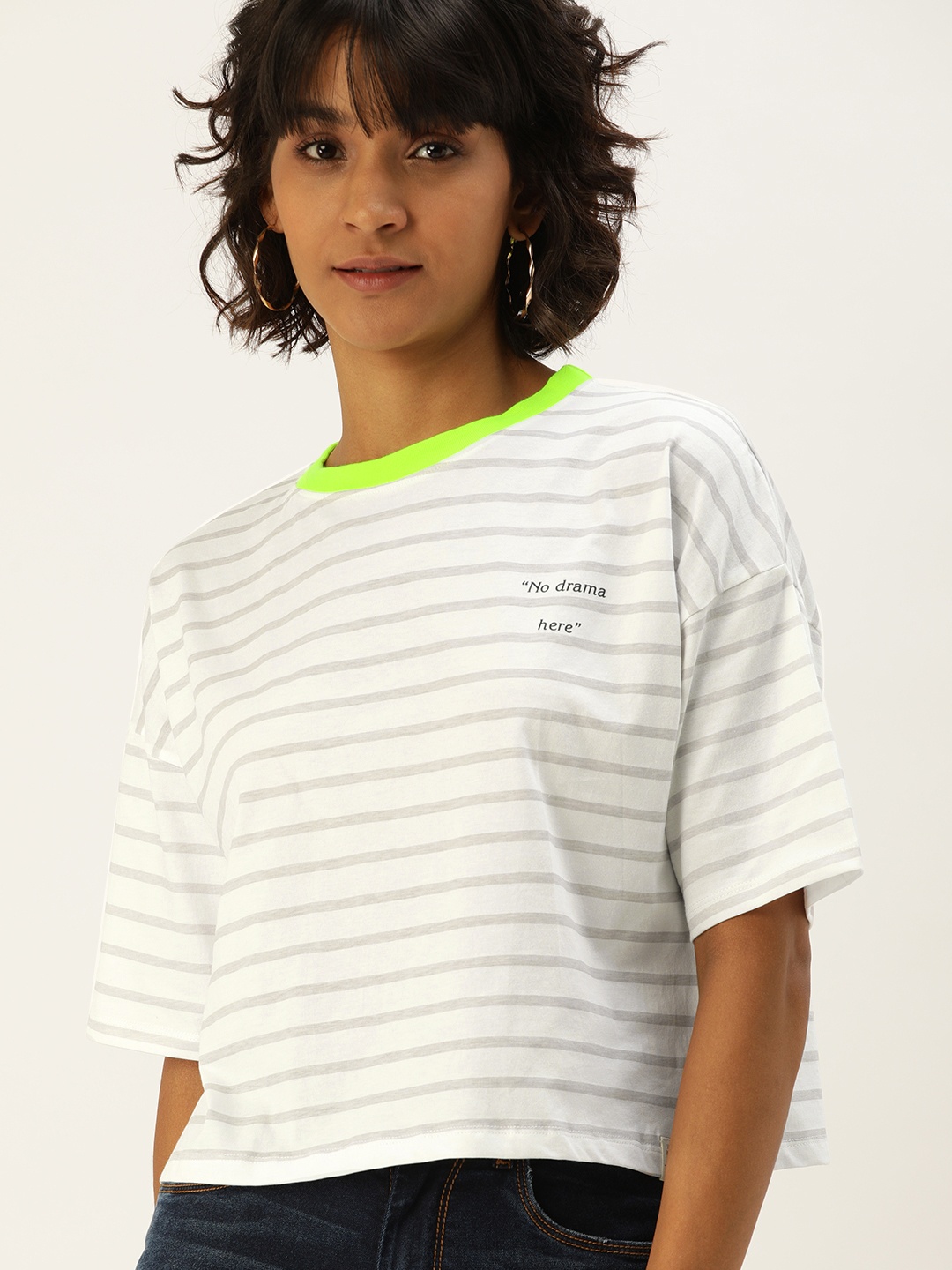 

Flying Machine Women White Grey Striped Round Neck Pure Cotton T-shirt