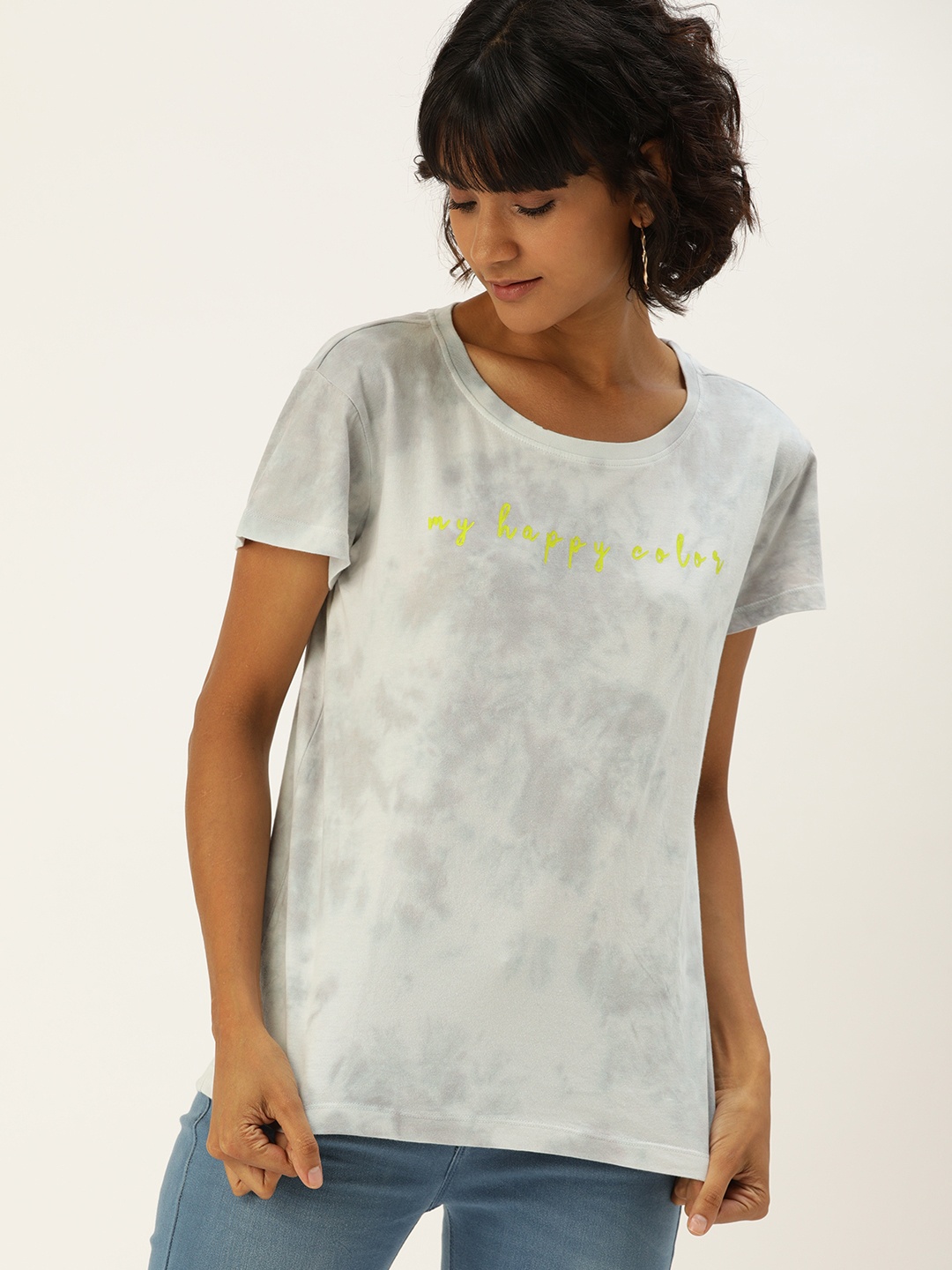 

Flying Machine Women Grey Dyed Round Neck Pure Cotton T-shirt