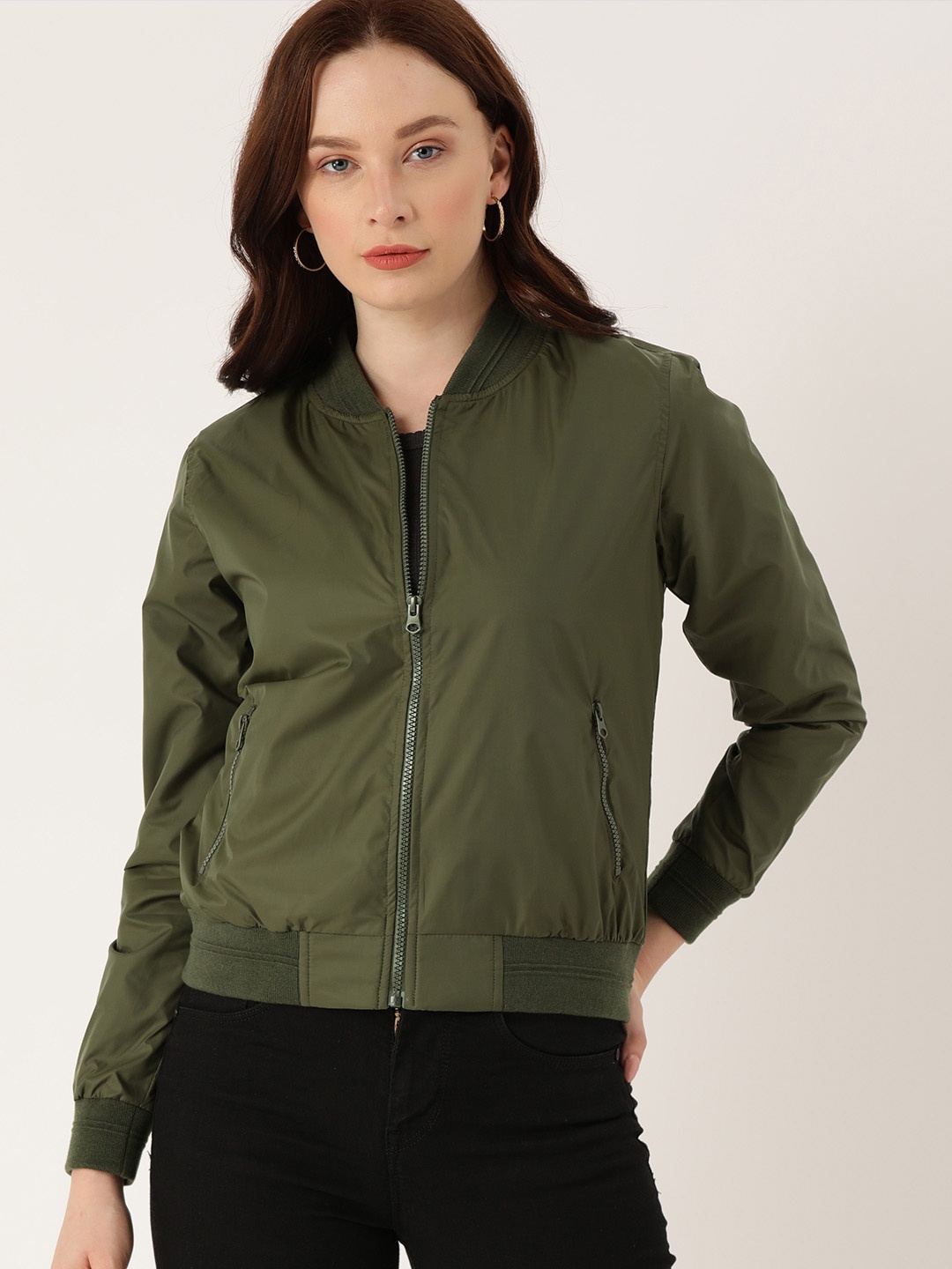 

Flying Machine Women Green Solid Lightweight Bomber Jacket