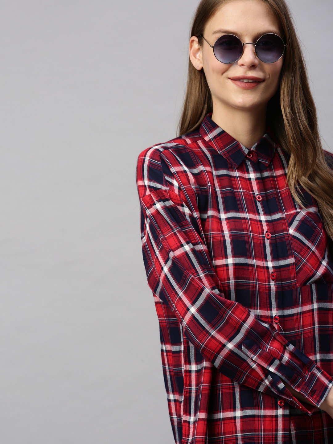 

Flying Machine Women Coral Red & Navy Blue Regular Fit Checked Casual Shirt