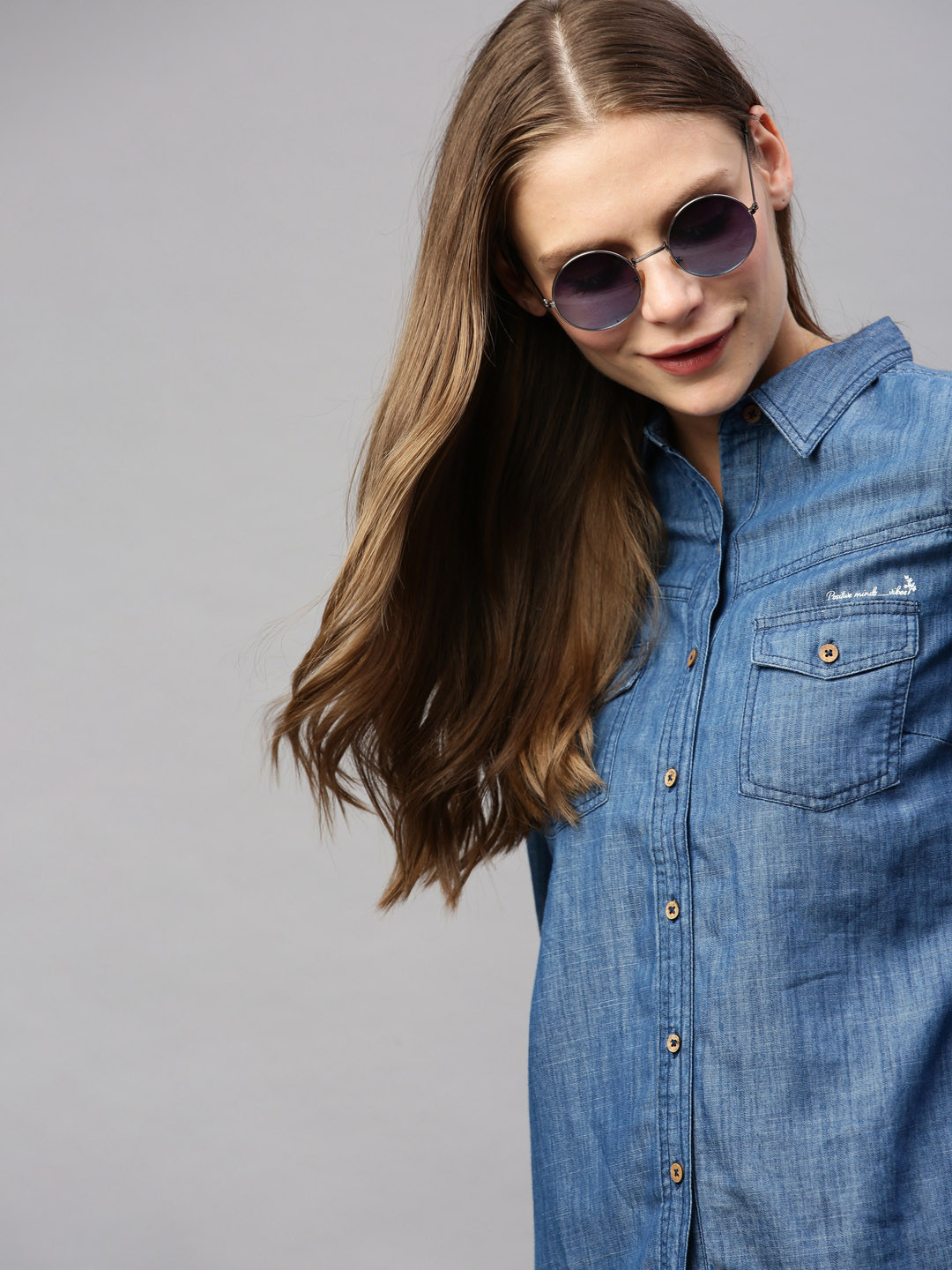

Flying Machine Women Blue Regular Fit Solid Casual Chambray Shirt