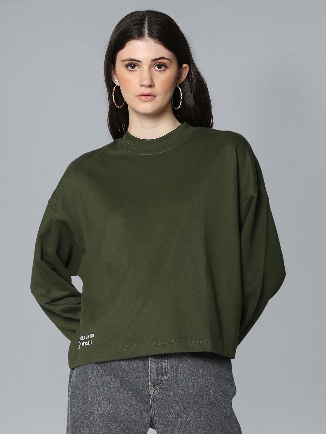

Flying Machine Women Olive Green Solid Sweatshirt with Print Detail