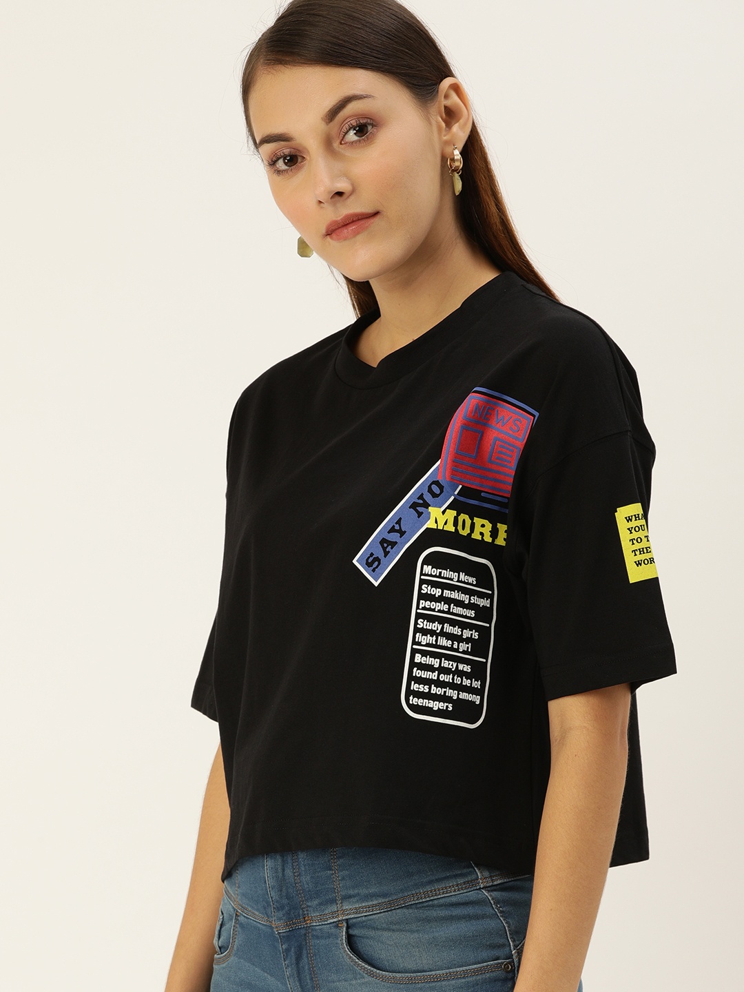 

Flying Machine Women Black Printed Round Neck Pure Cotton T-shirt