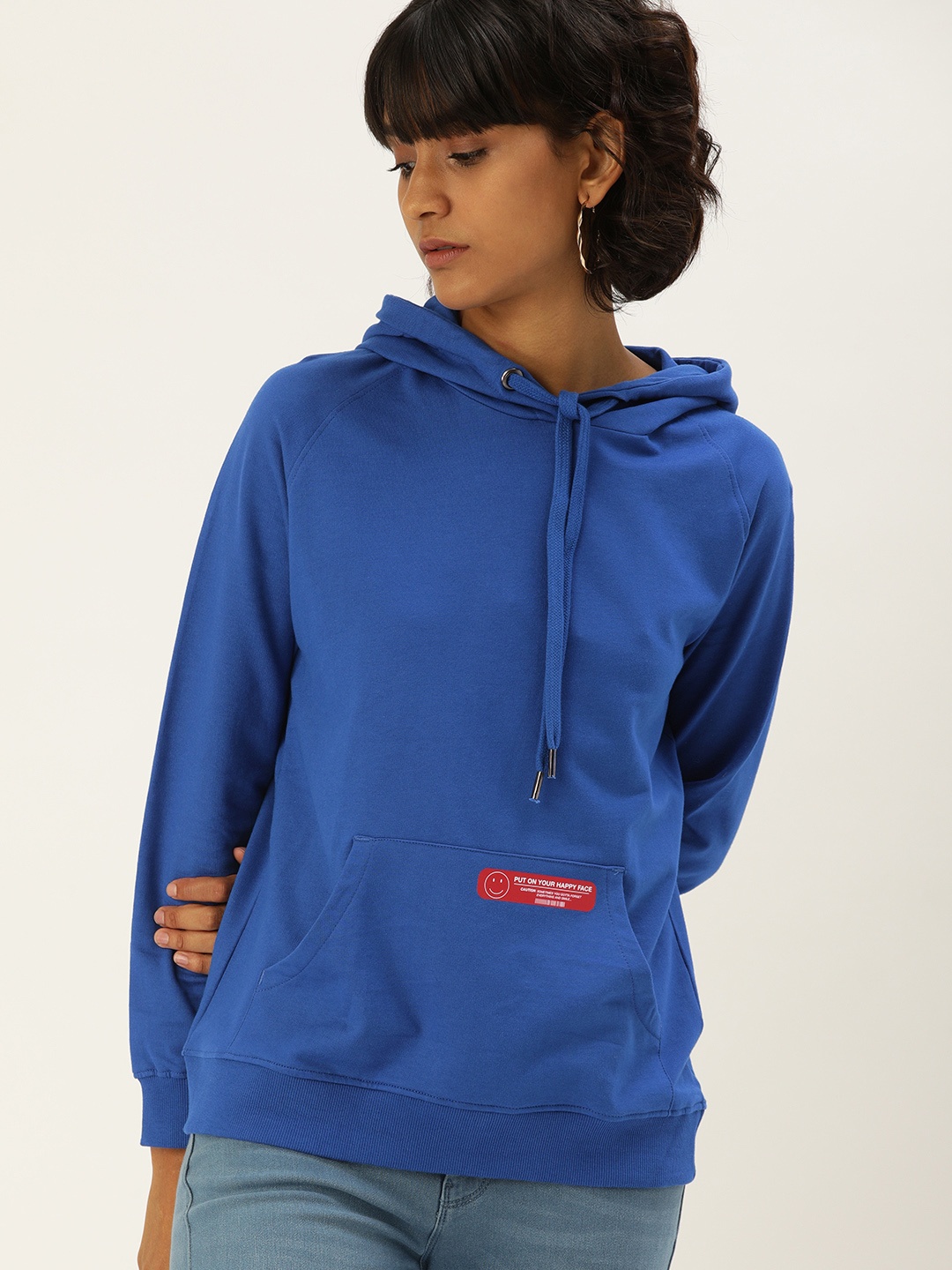 

Flying Machine Women Blue Solid Hooded Sweatshirt with Printed Detailing