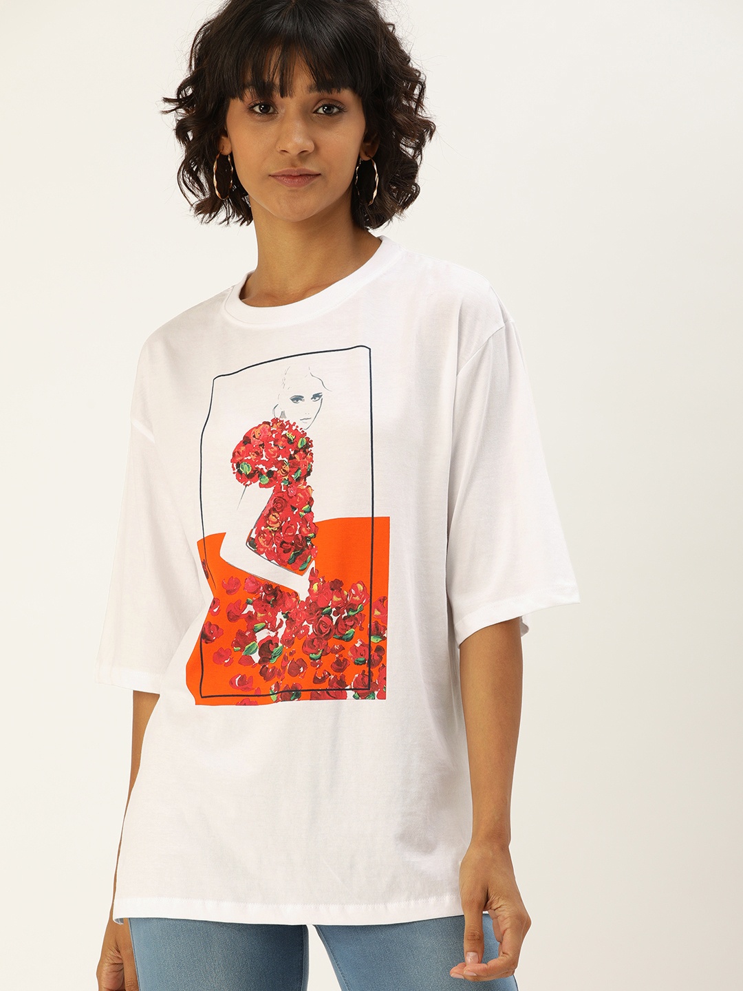 

Flying Machine Women White Printed Round Neck Pure Cotton T-shirt