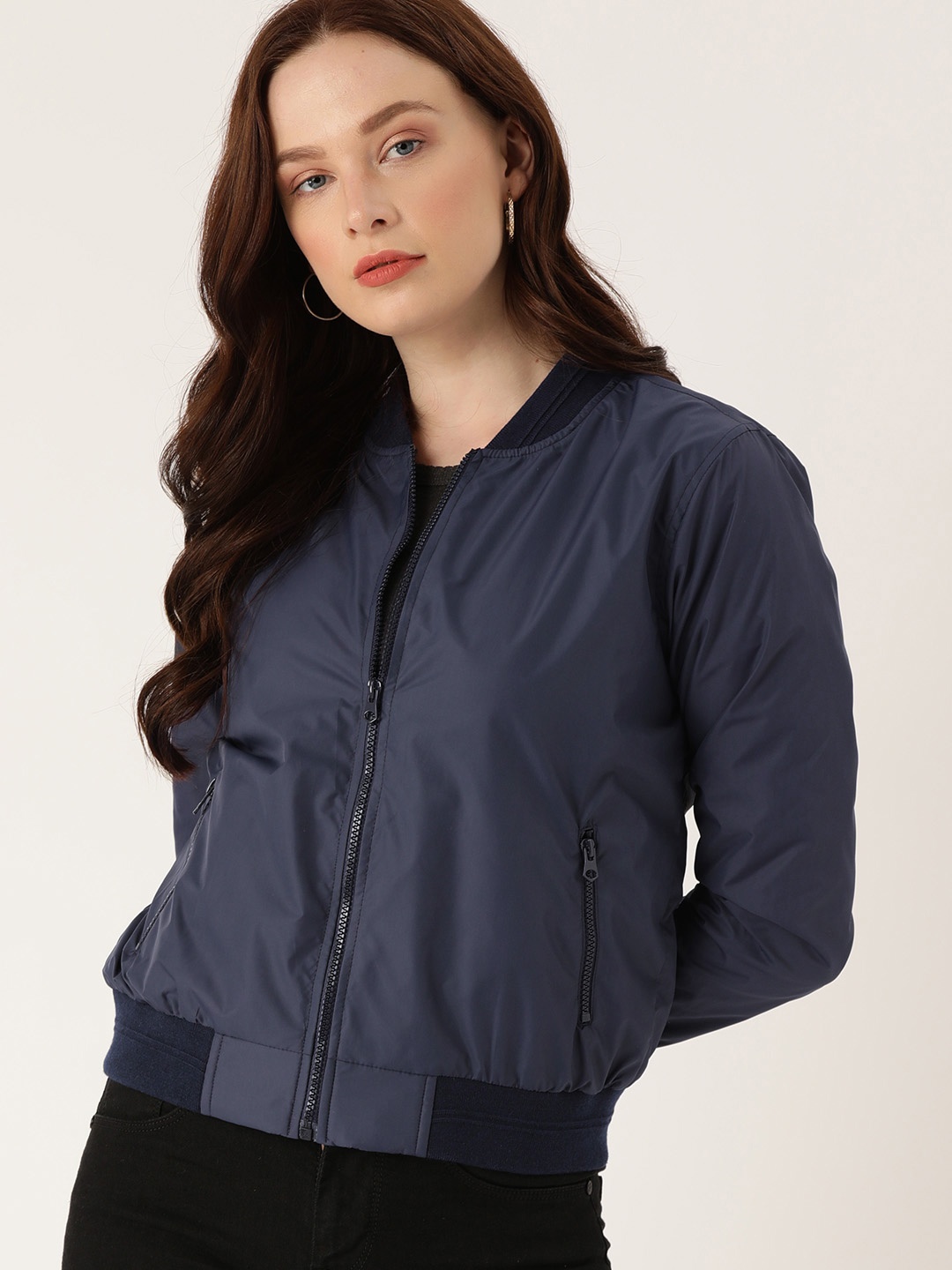 

Flying Machine Women Blue Solid Lightweight Bomber Jacket