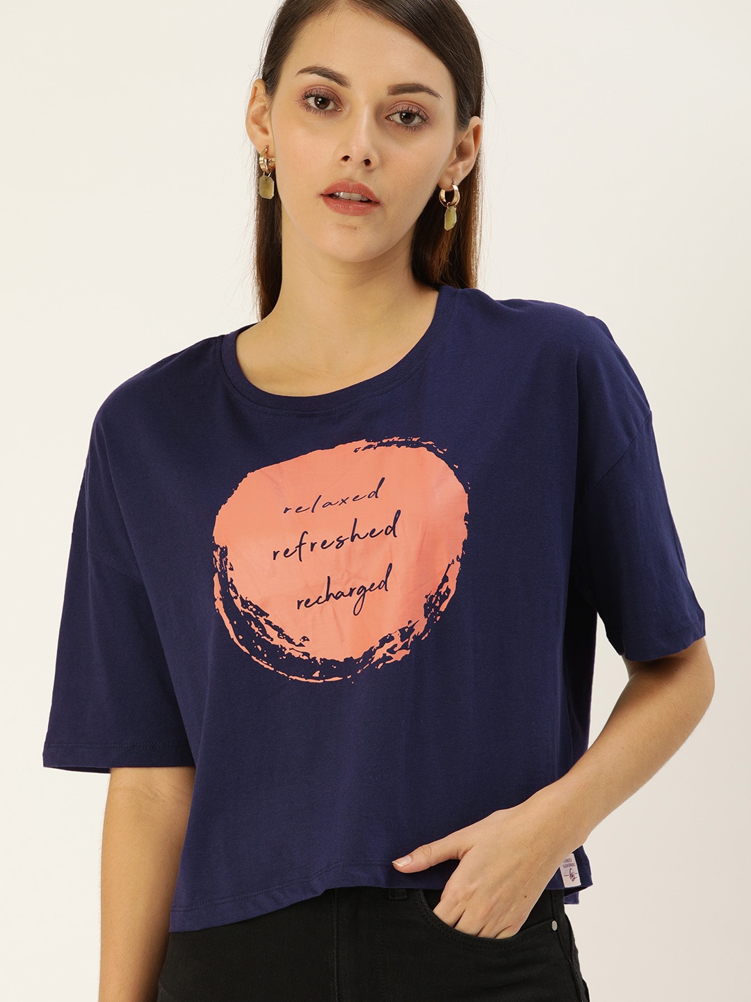 

Flying Machine Women Navy Blue Printed Round Neck Pure Cotton T-shirt