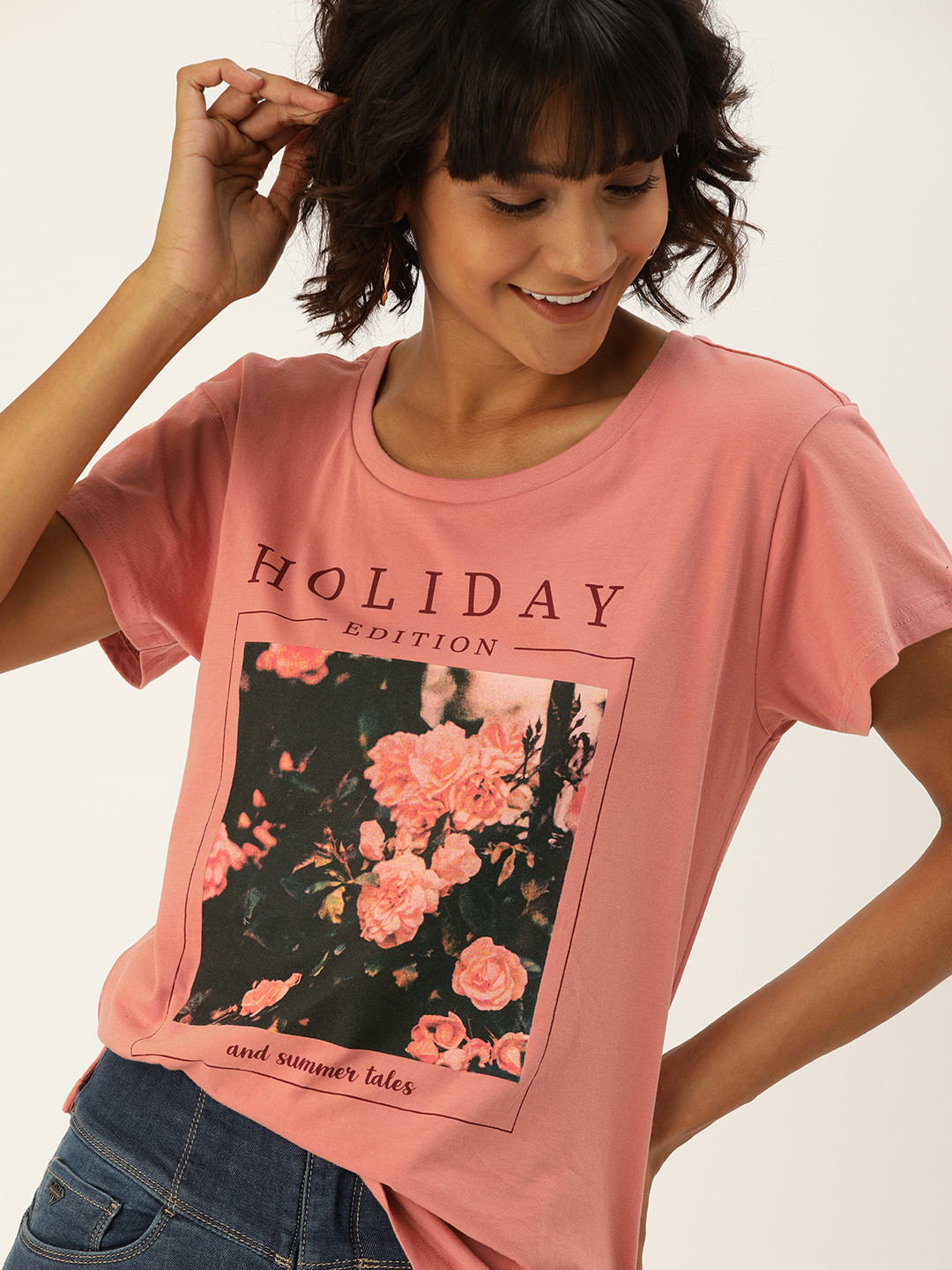 

Flying Machine Women Pink Printed Round Neck Pure Cotton T-shirt