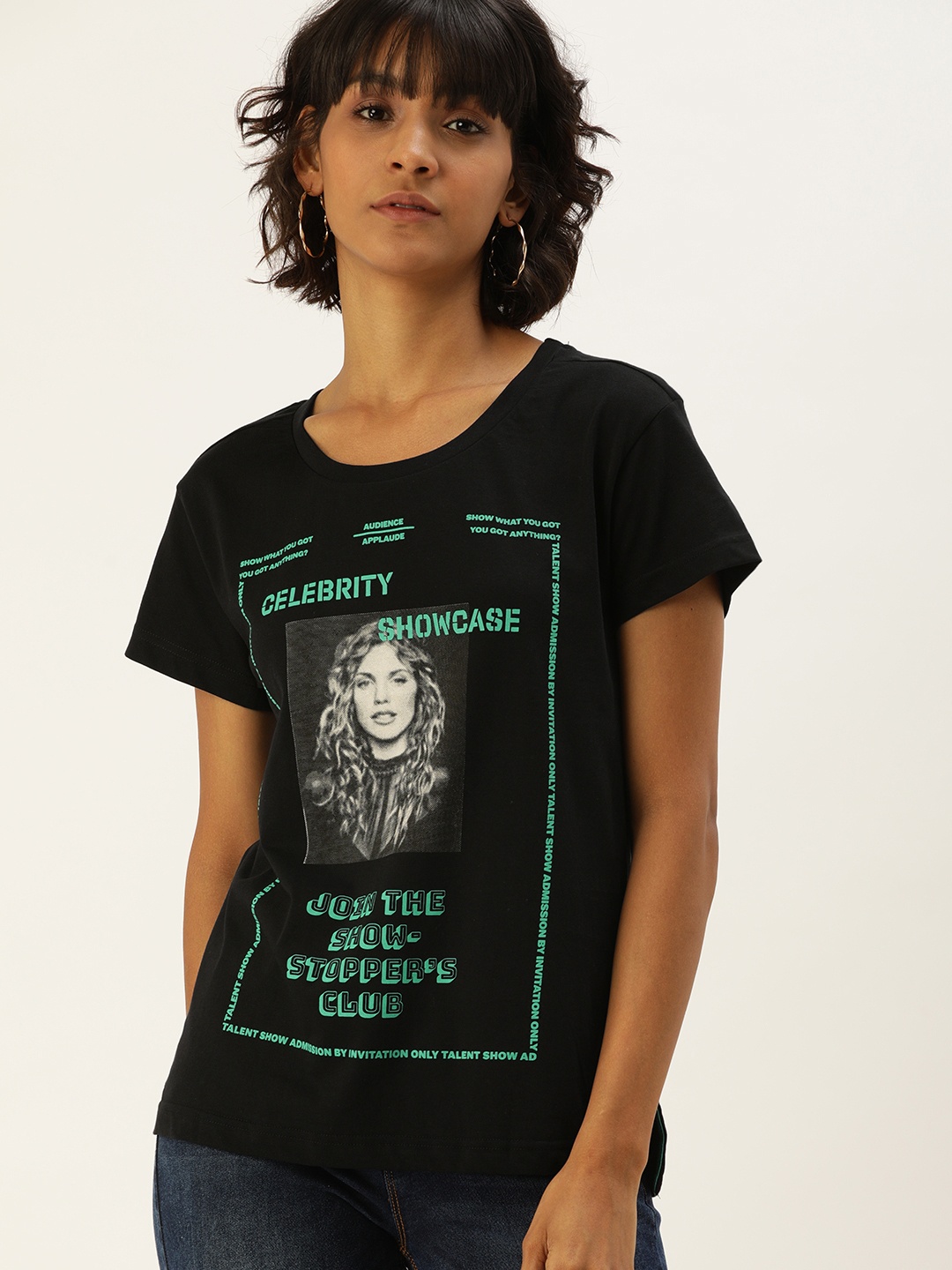 

Flying Machine Women Black Printed Round Neck Pure Cotton T-shirt