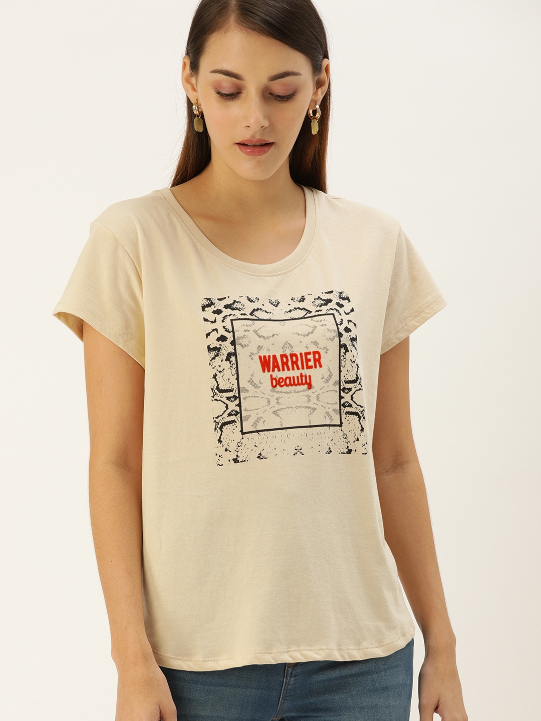 

Flying Machine Women Beige Printed Round Neck Pure Cotton T-shirt