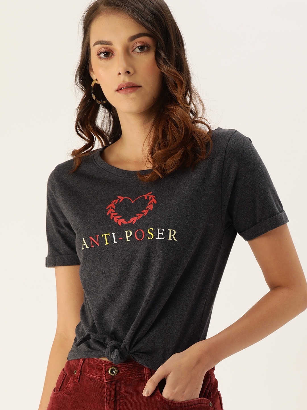 

Flying Machine Women Charcoal Grey Printed Round Neck T-shirt with Tie-Up Detailing
