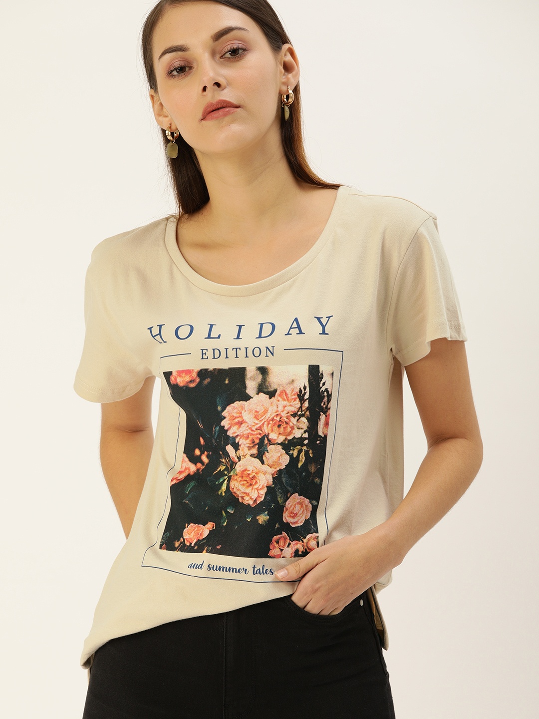 

Flying Machine Women Beige Printed Round Neck Pure Cotton T-shirt