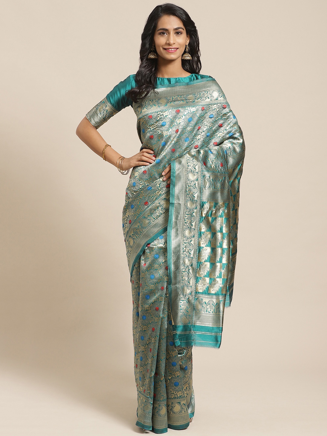 

Saree mall Teal Green & Golden Woven Design Banarasi Saree