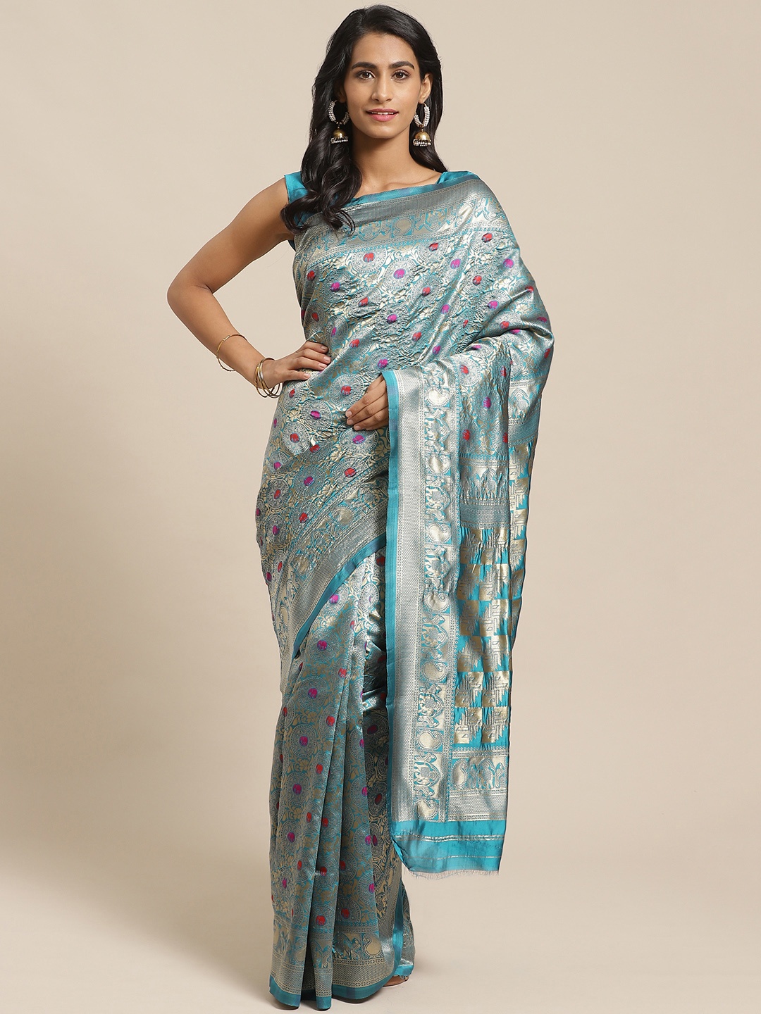

Saree mall Teal Blue & Golden Woven Design Banarasi Saree