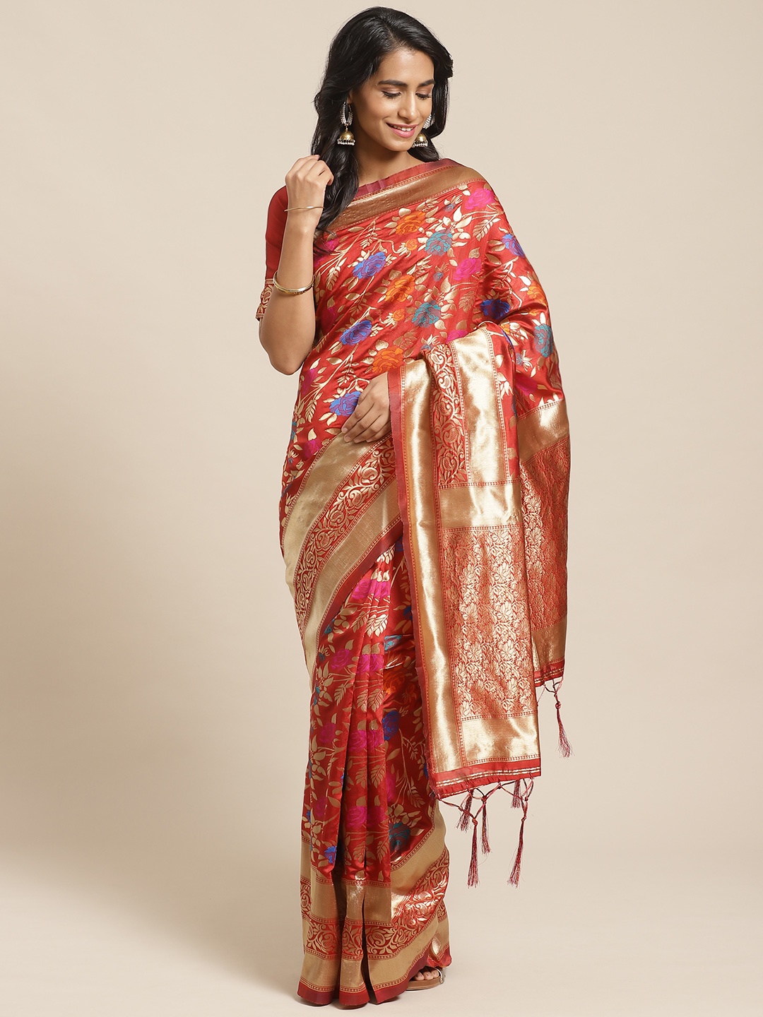 

Saree mall Red & Golden Floral Woven Design Banarasi Saree