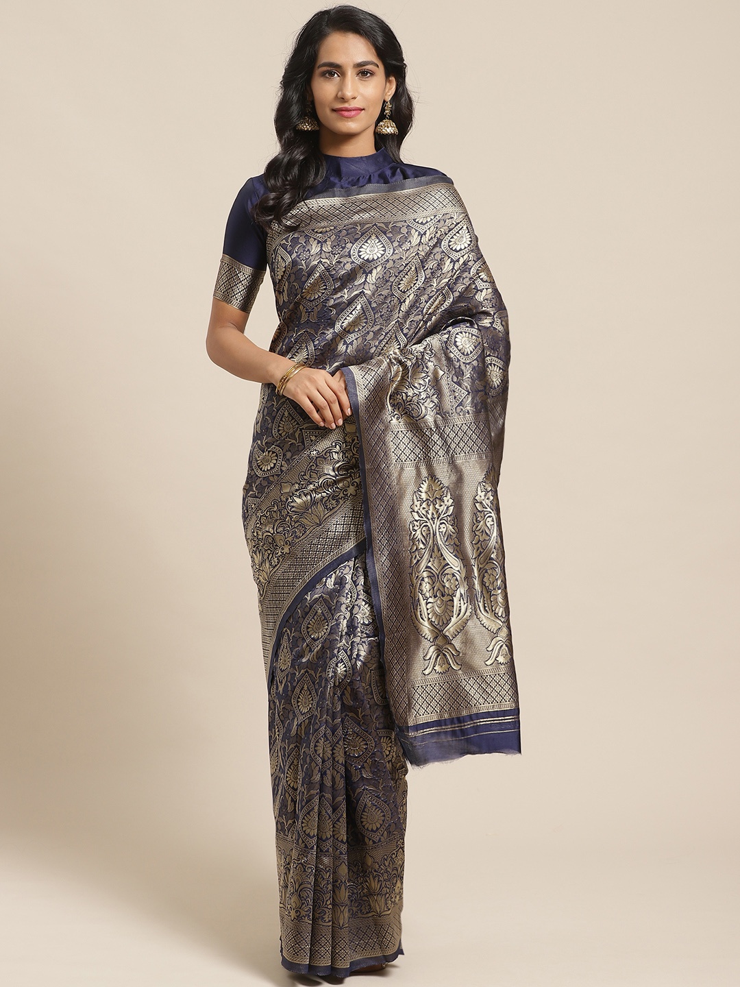 

Saree mall Navy Blue & Golden Ethnic Woven Design Banarasi Saree