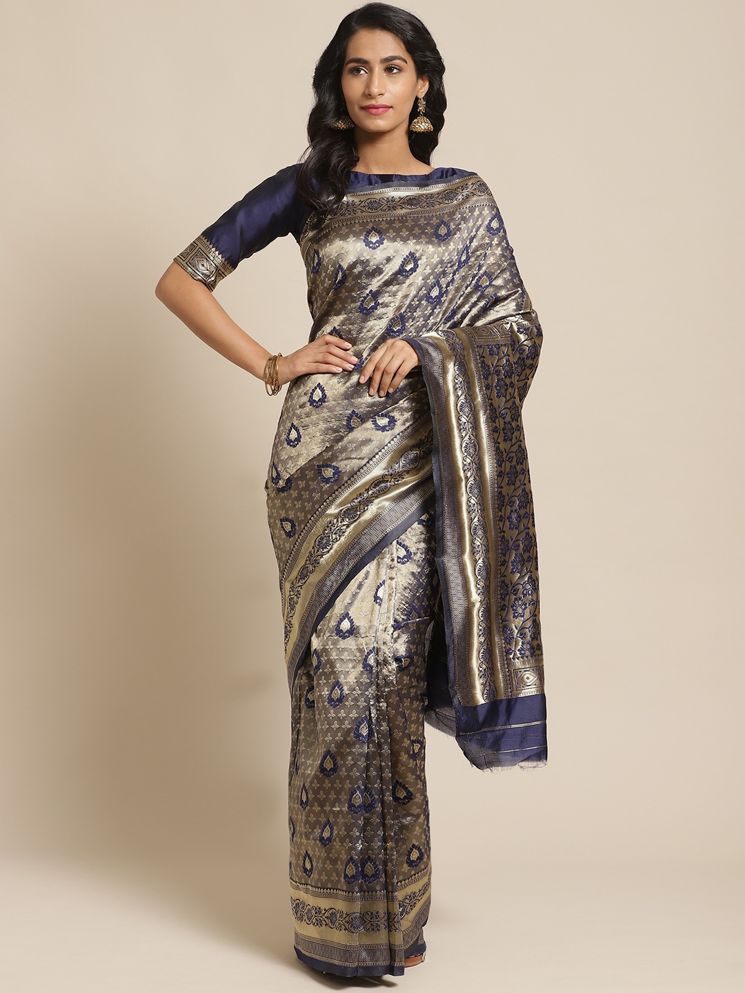 

Saree mall Navy Blue & Golden Ethnic Woven Design Banarasi Saree