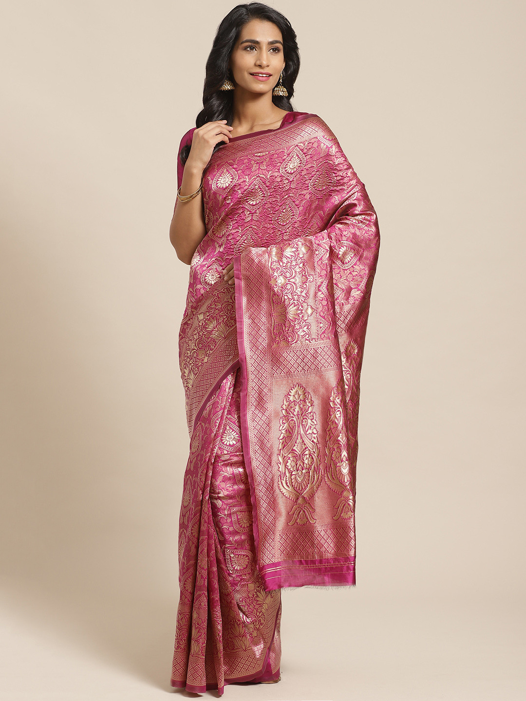 

Saree mall Pink & Golden Ethnic Woven Design Banarasi Saree