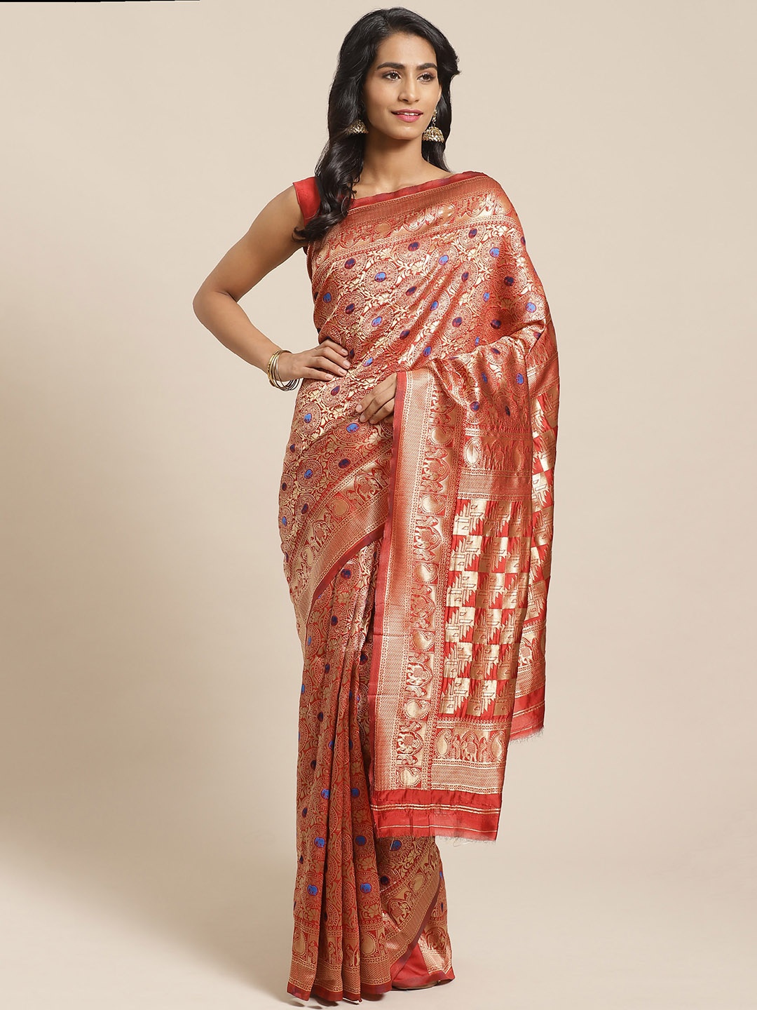 

Saree mall Red & Gold-Toned Woven Design Banarasi Saree