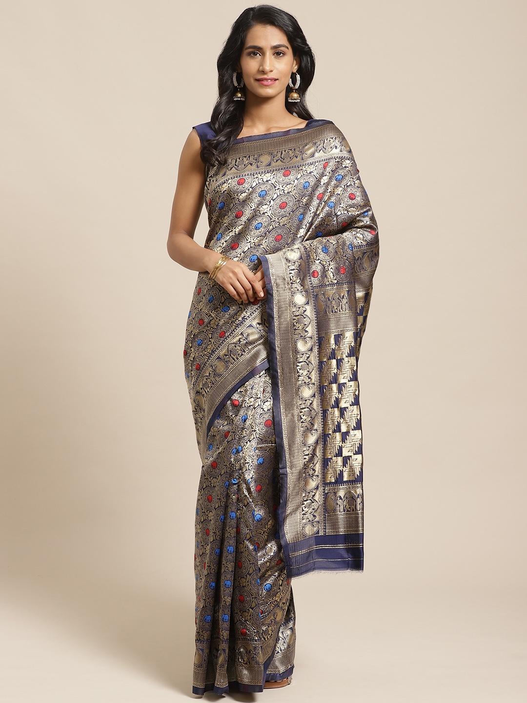 

Saree mall Navy Blue & Golden Woven Design Banarasi Saree