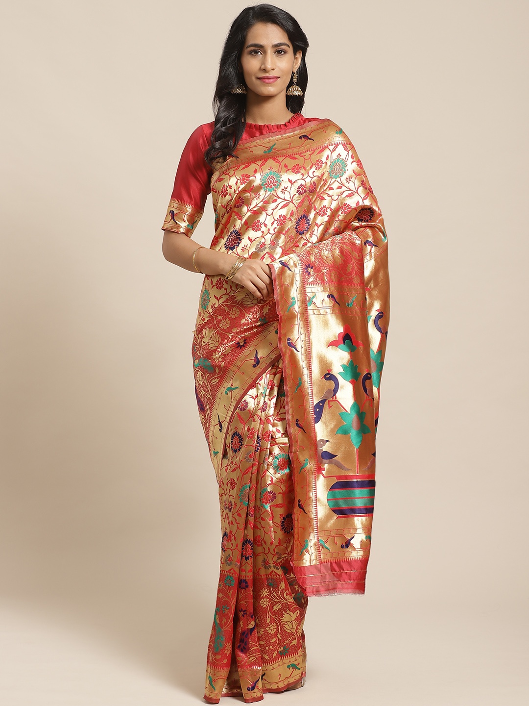 

Saree mall Red & Gold-Toned Woven Design Banarasi Saree