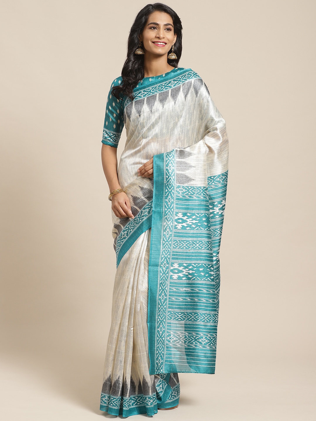 

Saree mall Cream-Coloured & Teal Blue Art Silk Printed Bhagalpuri Saree