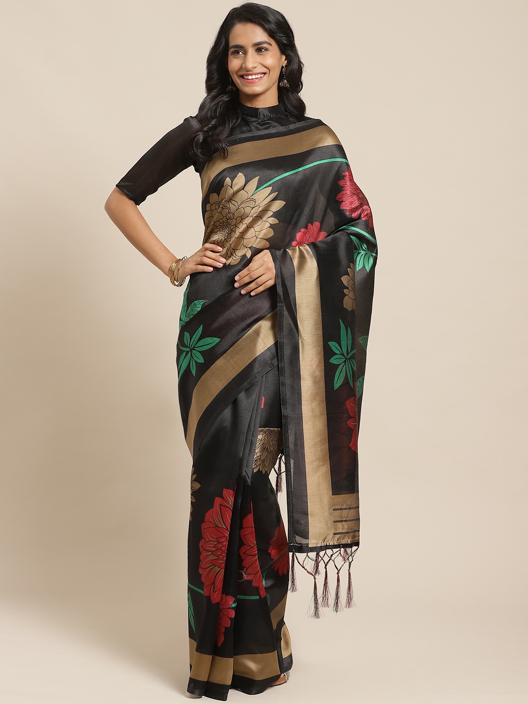 

Saree mall Black & Golden Floral Printed Bhagalpuri Saree