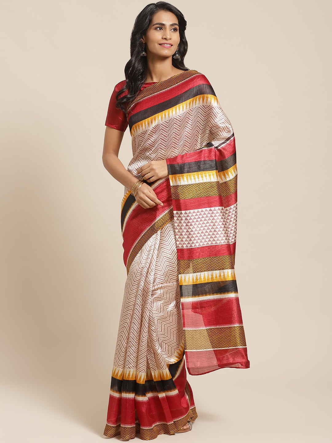 

Saree mall Beige & Maroon Printed Bhagalpuri Saree