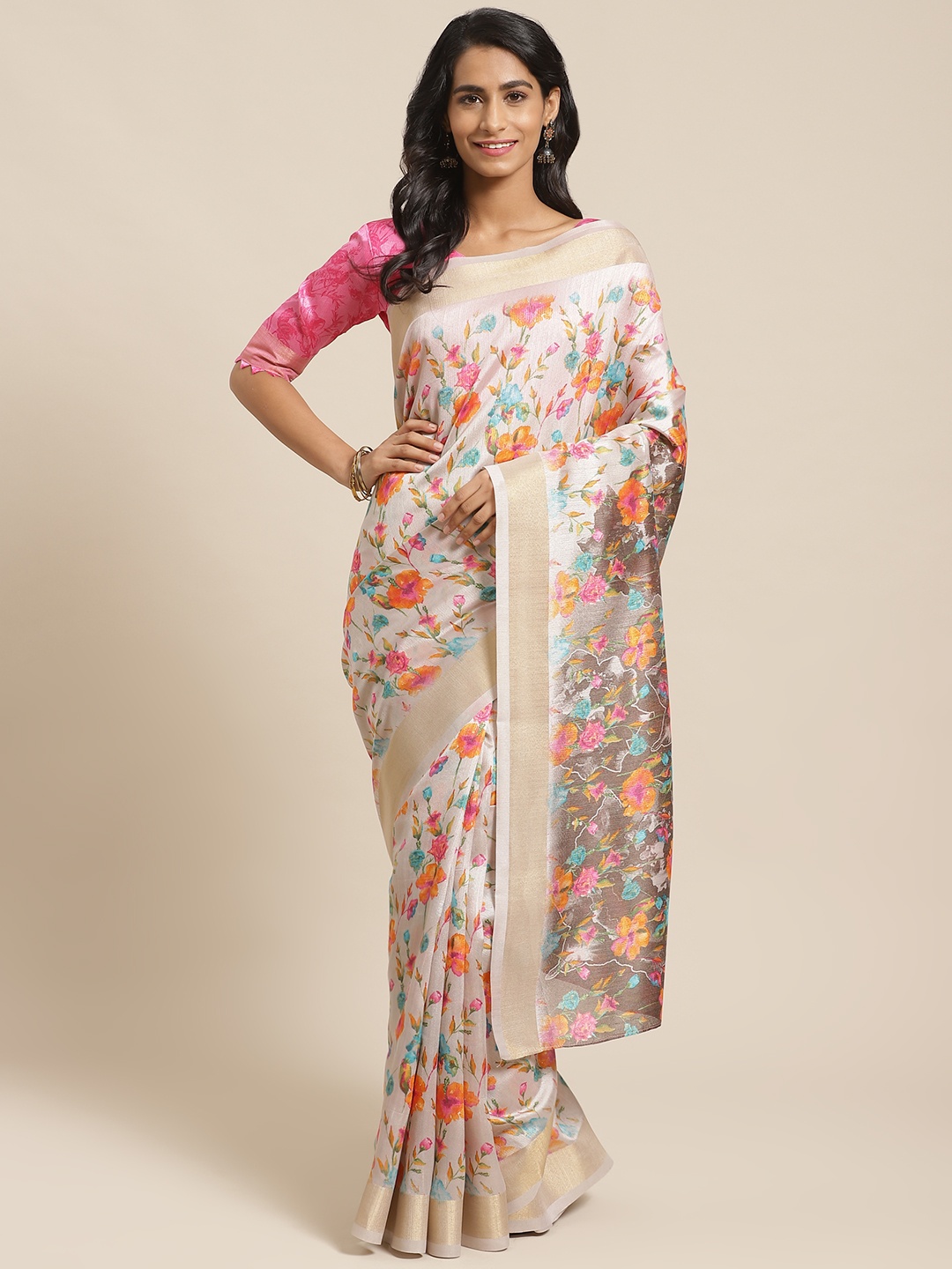 

Saree mall Grey & Orange Floral Printed Saree
