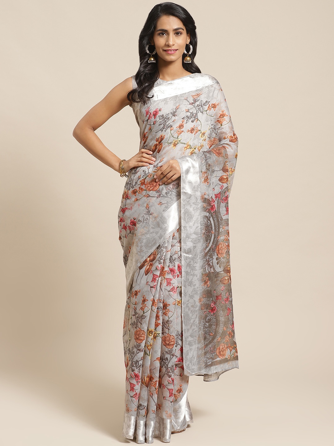 

Saree mall Grey & Rust Orange Floral Printed Saree