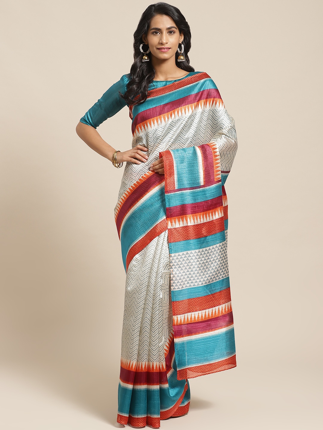 

Saree mall Off-White & Teal Green Printed Bhagalpuri Saree