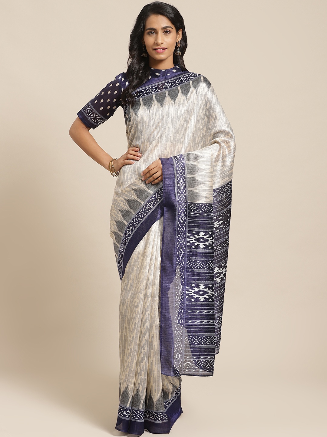 

Saree mall Cream-Coloured & Grey Woven Design Bhagalpuri Saree