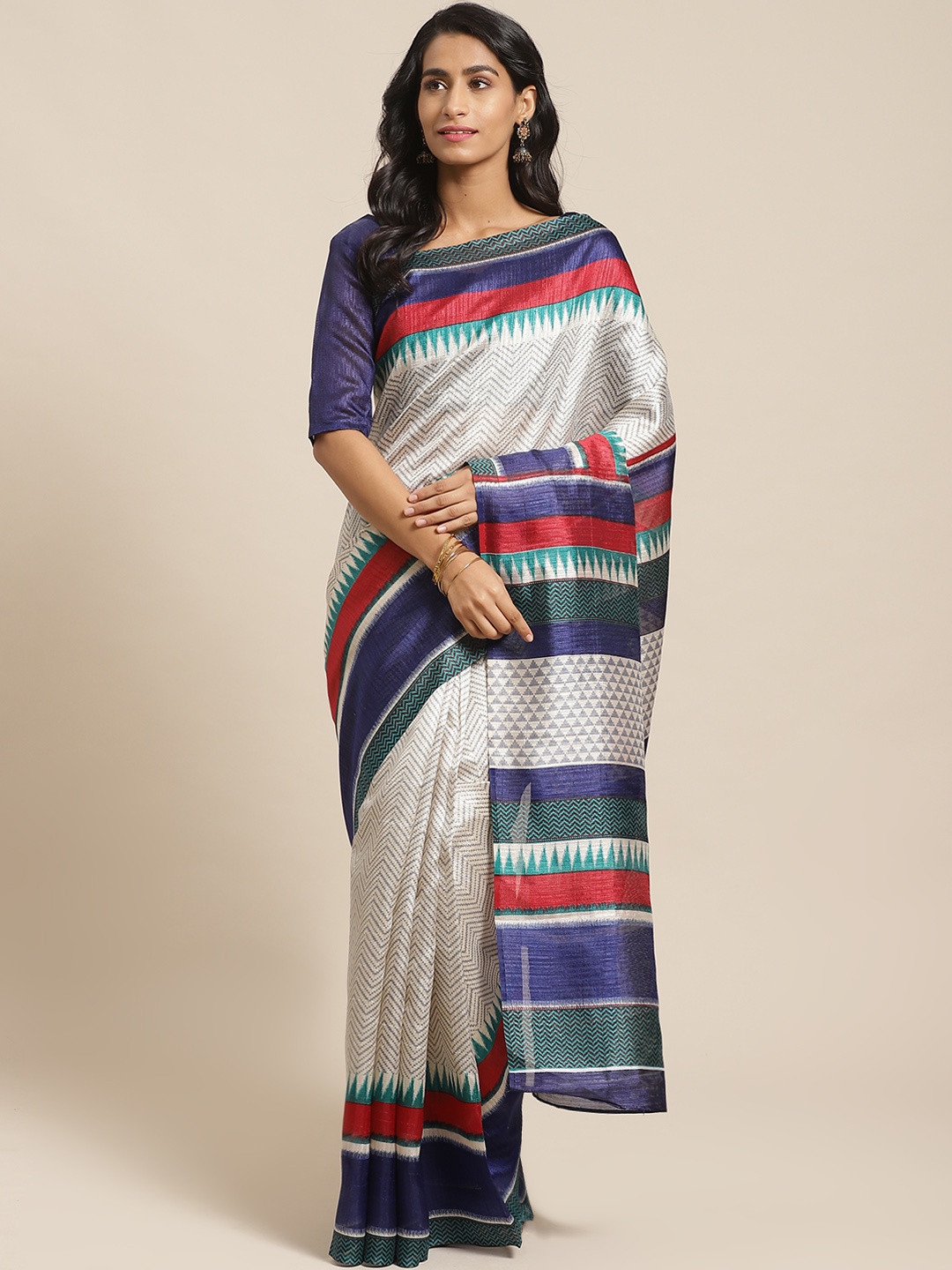 

Saree mall Cream-Coloured & Grey Chevron Print Bhagalpuri Saree