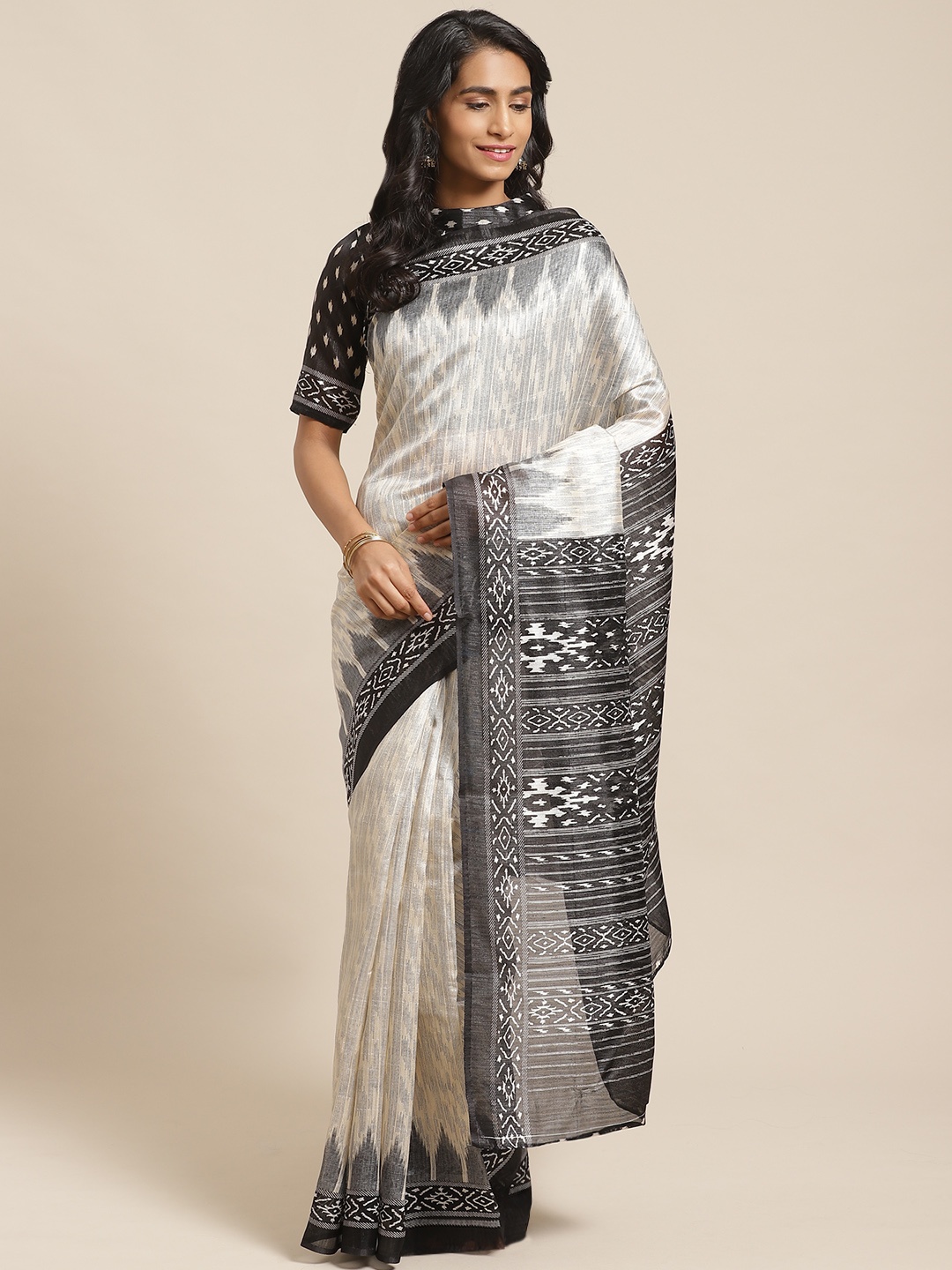 

Saree mall Cream-Coloured & Grey Woven Design Bhagalpuri Saree