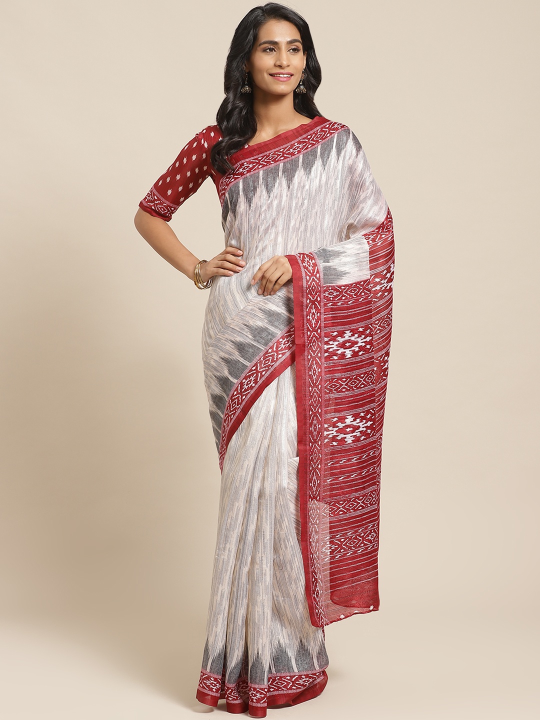 

Saree mall Cream-Coloured & Maroon Art Silk Printed Bhagalpuri Saree