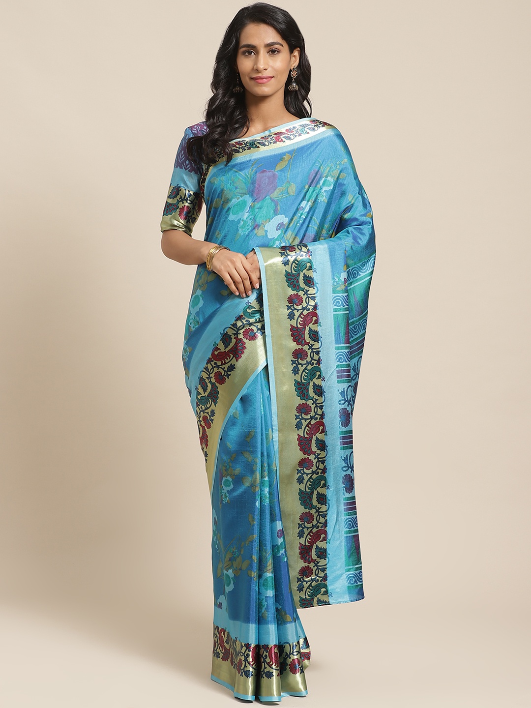 

Saree mall Blue & Purple Floral Print Saree