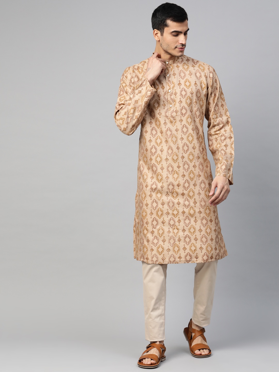 

Fabindia Men Beige & Brown Handblock Print Slim Fit Straight Kurta