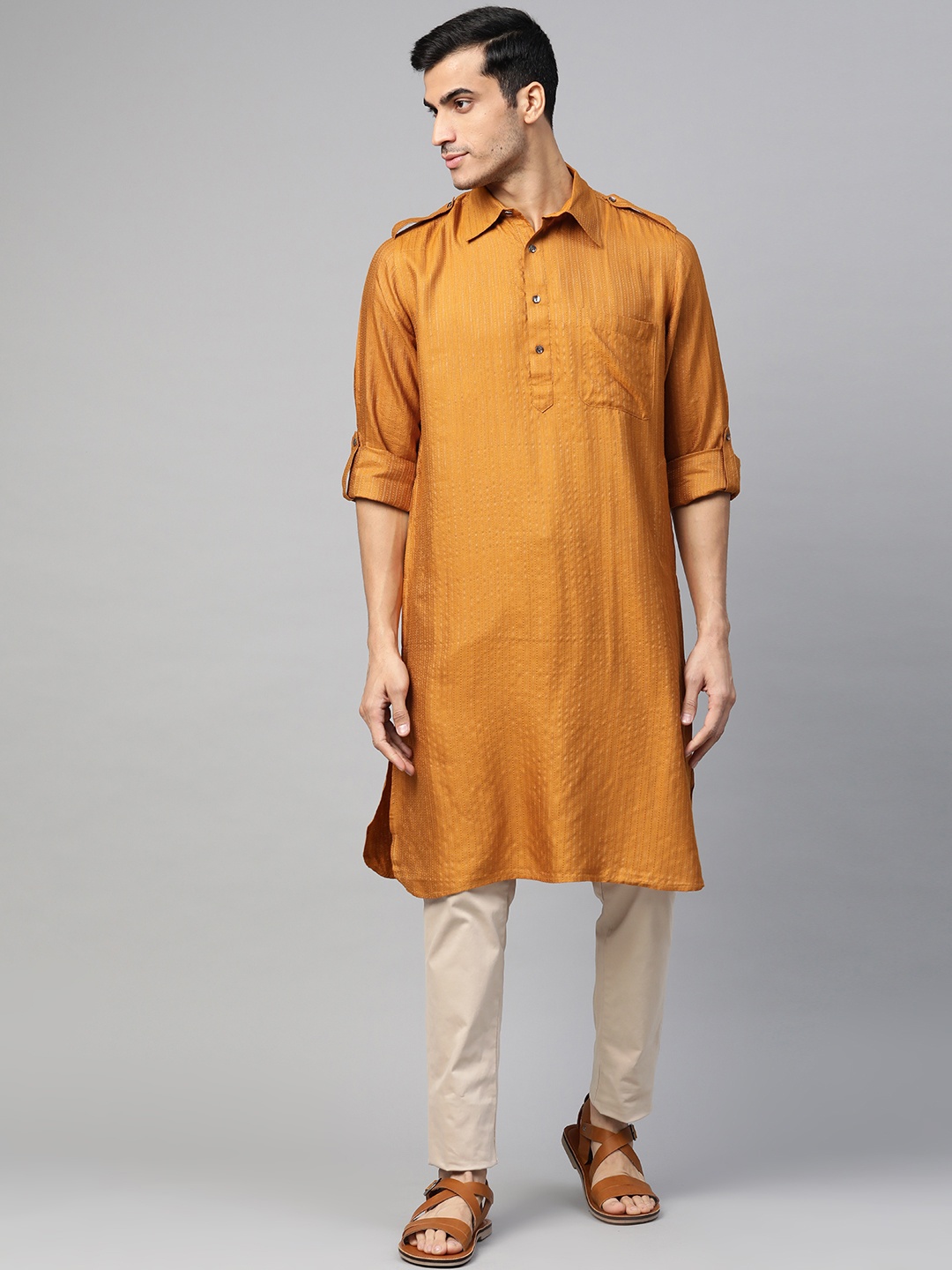 

Fabindia Men Mustard Yellow Self-Striped Pathani Kurta