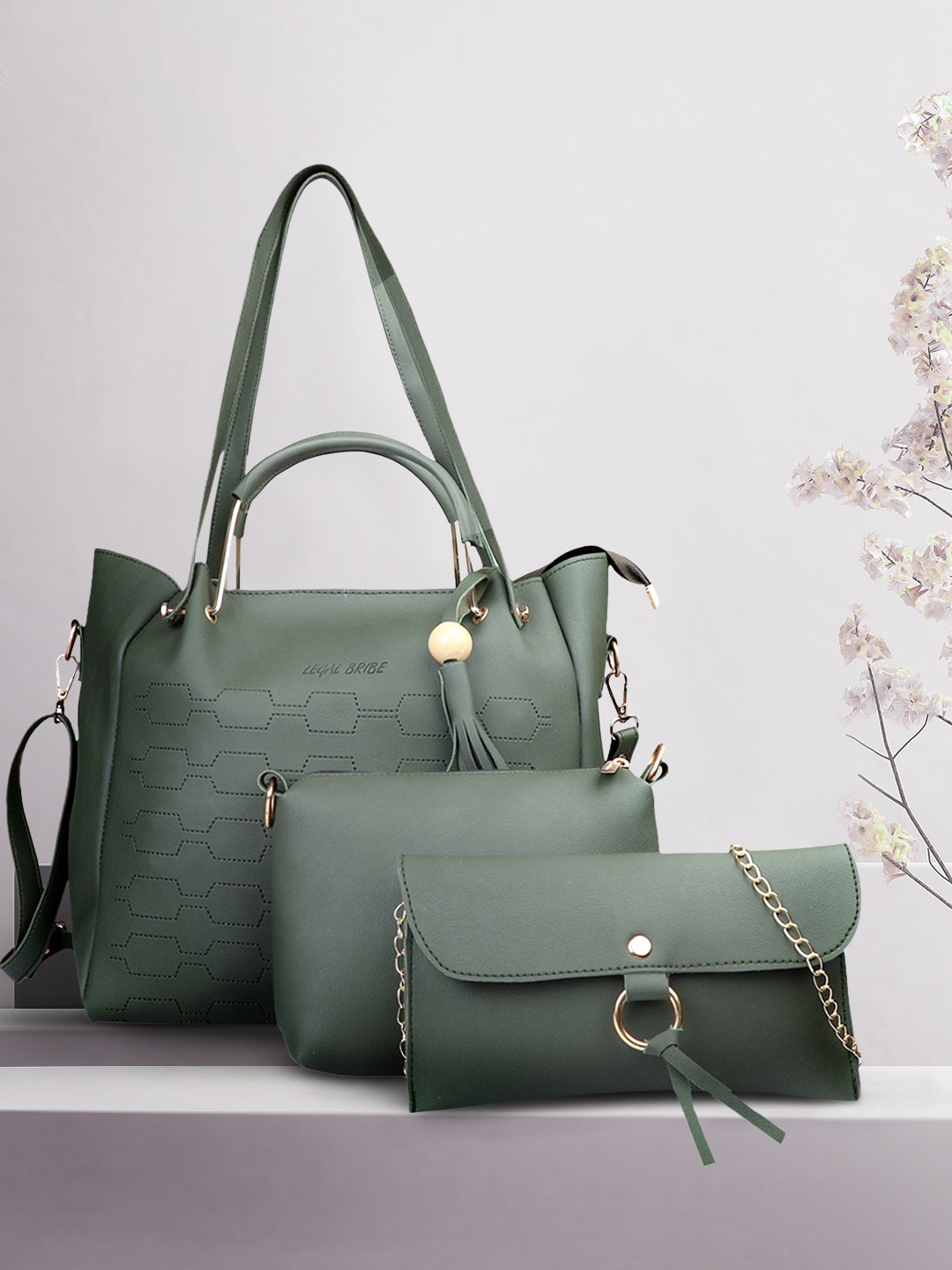 

LEGAL BRIBE Set Of 3 Olive Green Solid Bags